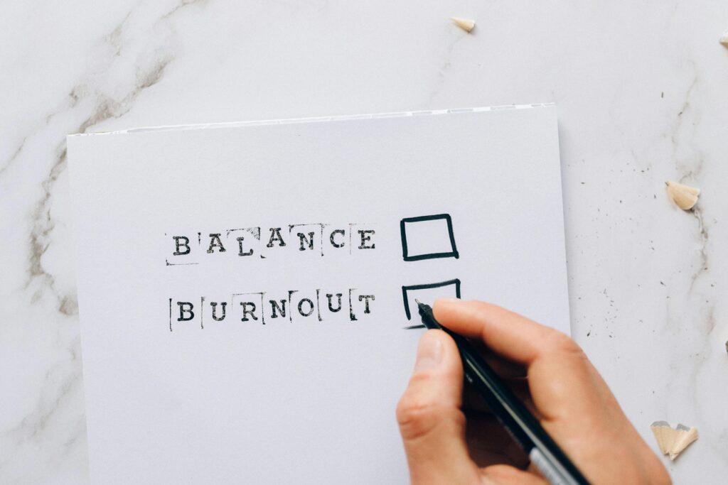 The words Balance and Burnout with checkboxes next to them.