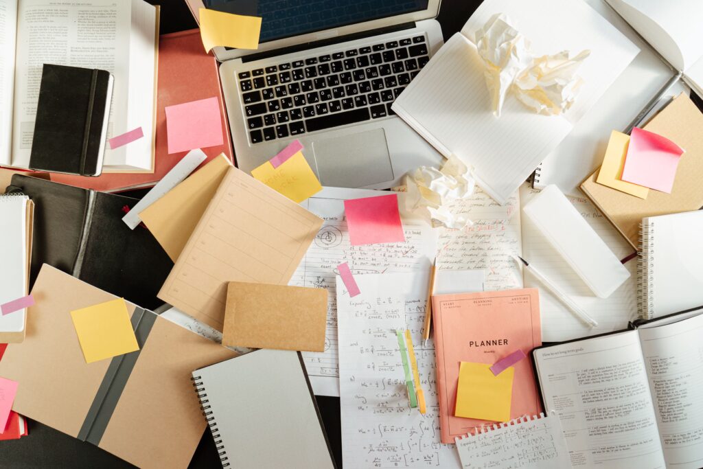 Busy desk full of notes